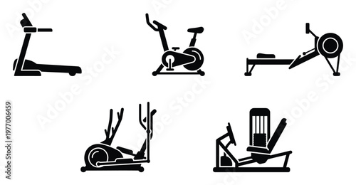 Set of functional gym exercise equipment icons featuring treadmill, stationary bike, rowing machine, elliptical trainer, and leg press for diverse health and fitness media projects.