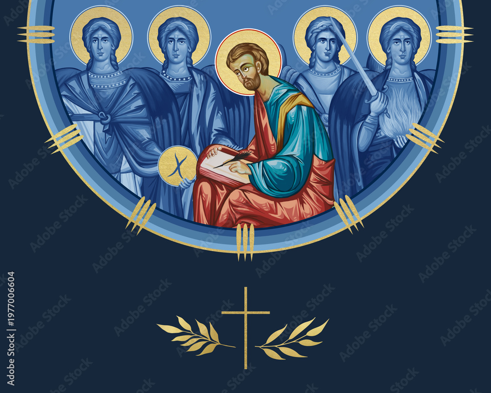 Obraz premium Apostle Luke and four cardinal points (Archangel Gabriel, Uriel, Raphael and Michael). Illustration in Byzantine style isolated