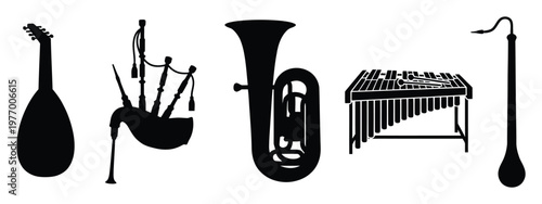 Silhouettes of various musical instruments including bagpipes tuba xylophone and a string instrument for music themes posters presentations and educational materials