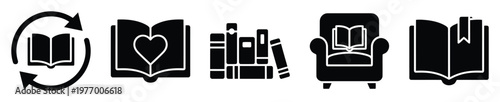 Modern collection of book and reading icons representing literacy, learning, and relaxation, perfect for educational resources, library promotions, or digital application interfaces.