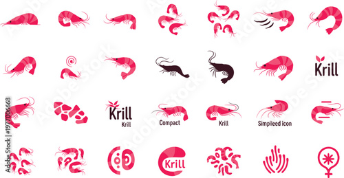 Krill Vector Set with Shrimp Like Marine Creatures Icons and Variations Isolated on White Background