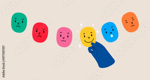 Hand choosing the right mask to wear. Colorful vector illustration