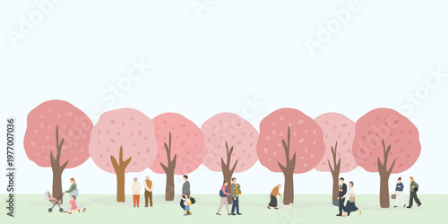 桜並木の公園背景イラスト 春の散歩シーンと人物のある横長素材