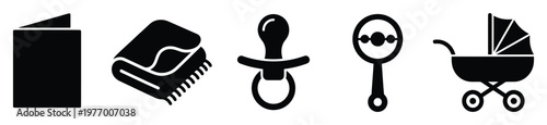 Collection of essential black silhouette baby items including an invitation card, cozy blanket, infant pacifier, classic rattle, and modern stroller, perfect for newborn announcements and