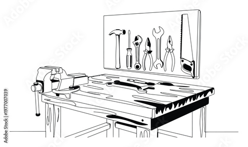 Black and white line drawing of a sturdy woodworking workbench with a heavyduty vise and essential hand tools neatly organized on a wall pegboard for construction and repair projects
