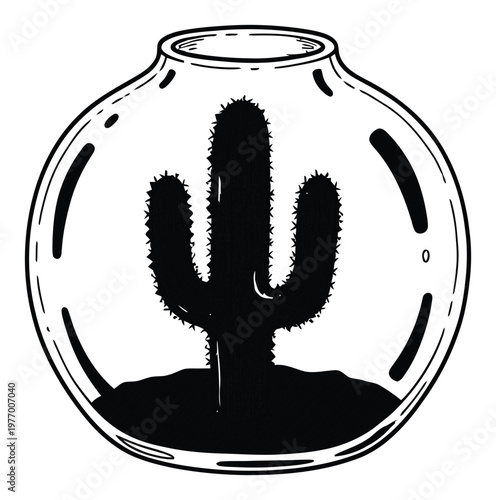 Stylized black silhouette of a spiky desert cactus thriving inside a round glass terrarium perfect for botanical themed home decor or ecofriendly educational materials