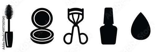 Essential makeup and beauty accessories such as mascara, compact powder, eyelash curler, nail lacquer, and sponge for cosmetic branding, product showcases, and skincare content.