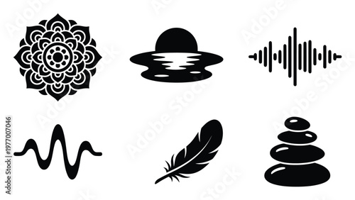 Collection of serene wellness symbols featuring a mandala, tranquil water reflection, sound waves, a feather, and balanced zen stones for meditation and relaxation branding