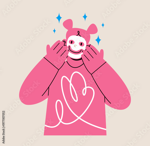 Skin care. Woman puts on a cosmetic sheet mask. Colorful vector illustration