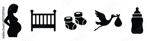 Comprehensive collection of baby and pregnancy journey silhouettes featuring a pregnant woman, crib, sock, stork, and feeding bottle, ideal for maternity announcements and parenting