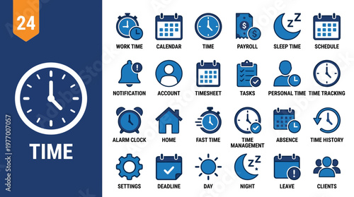 Time management and productivity icons set featuring clock, calendar, reminders, tasks, notifications, and team collaboration visuals for UI design.