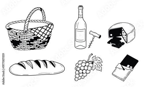 Line style drawing of essential picnic items such as a woven basket wine bottle corkscrew cheese loaf of bread fresh grapes and chocolate suitable for packaging menus or seasonal promotions