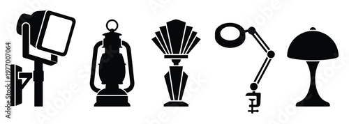 Assortment of lighting fixtures showcasing a modern floodlight, vintage lantern, Art Deco lamp, adjustable magnifying light, and a classic table lamp for various design projects.