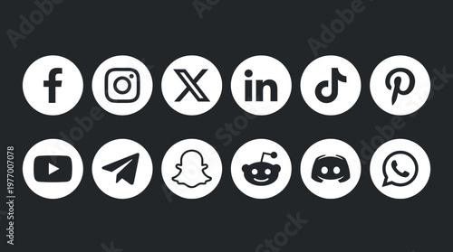 A gallery of popular social media logos displayed as circular white icons on a dark background.