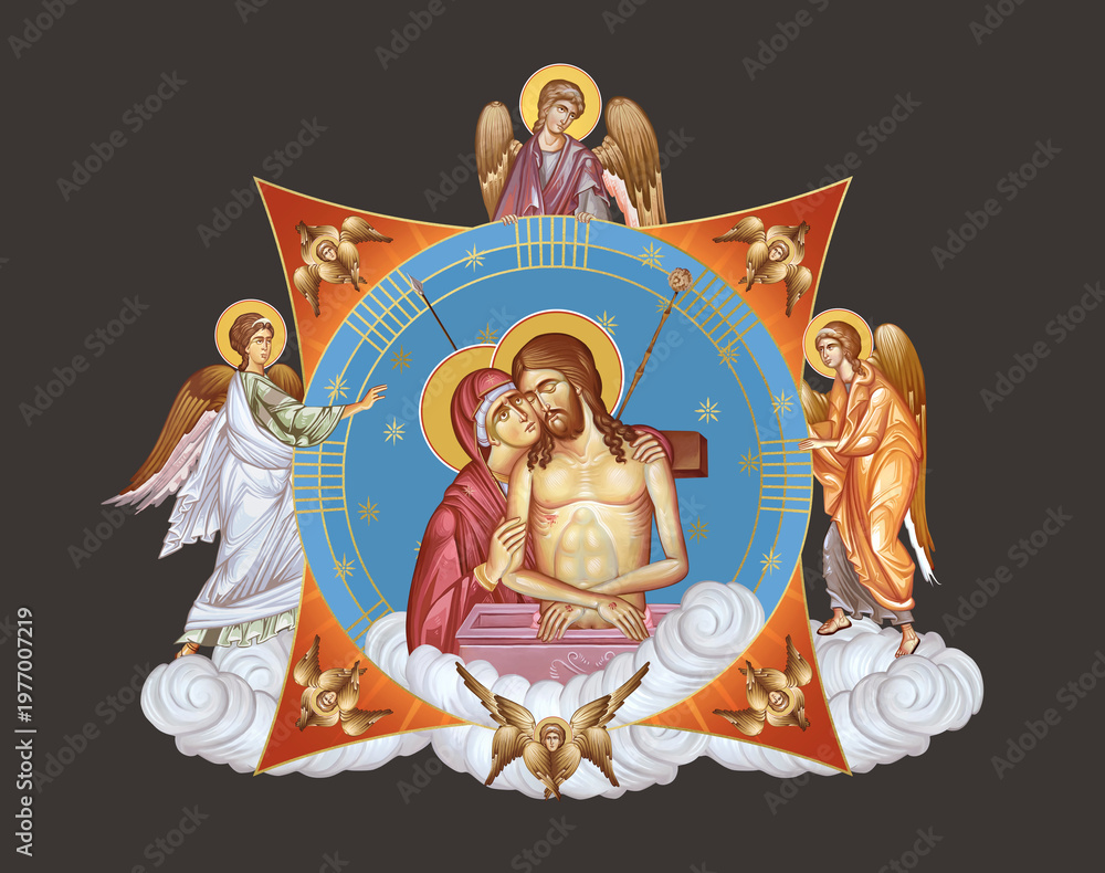 Fototapeta premium Jesus Christ King of Glory. Illustration in Byzantine style with angels and seraphim