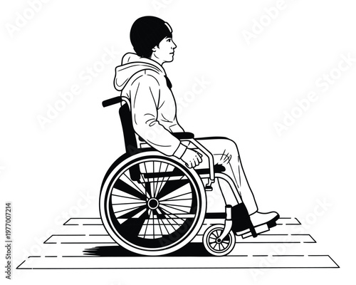 Individual in a wheelchair actively moving on a marked street path, symbolizing urban accessibility, independence, and daily life for various health and mobility projects