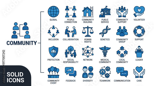 Blue vector icons illustrating global community, teamwork, collaboration, and connectivity for branding, dashboards, apps, and social initiatives.