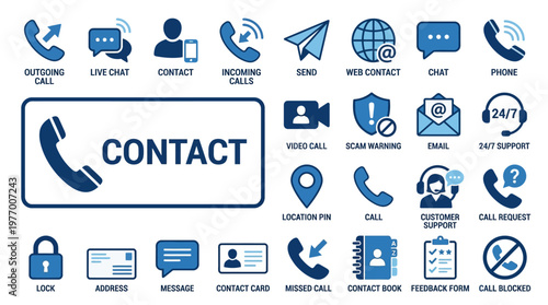Collection of blue contact icons featuring a prominent 'Contact' button with a phone symbol and multiple communication options for customer support.