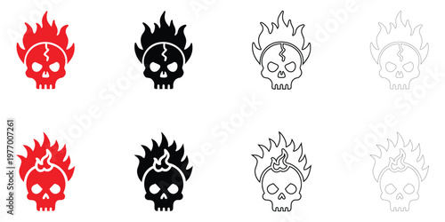 Mohawk flaming skull icon vector, danger punk skull symbol vector, silhouette and line art illustration
