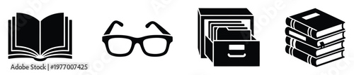 Versatile black silhouette icons of essential educational and office supplies featuring an open book, reading eyeglasses, a file folder organizer, and a stack of books, ideal for academic