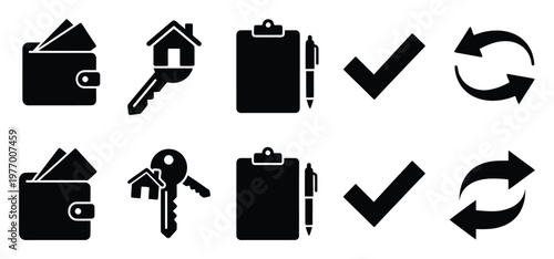 Comprehensive set of essential business and financial management icons including wallet, house key, clipboard, checkmark, and refresh symbols for various applications and digital interfaces.