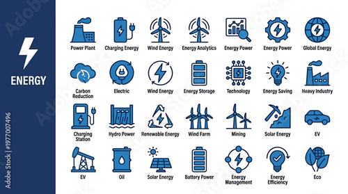 Collection of blue vector icons depicting energy, electricity, and renewable technology for sustainability and power management