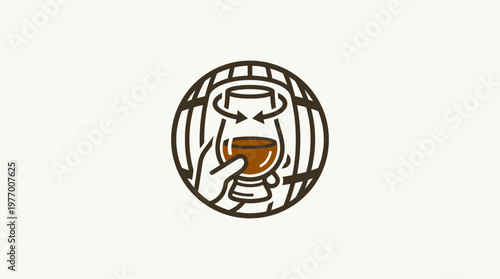 Whiskey Tasting Logo Hand Holding Glass Barrel and Swirling