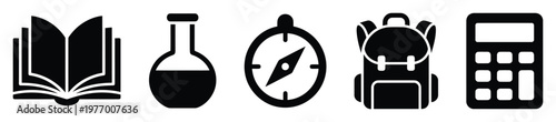 Education and school supplies icons featuring a book, science flask, compass, backpack, and calculator for academic content, learning applications, and study resource materials.