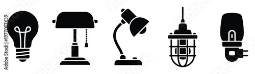 Collection of diverse black silhouette icons representing different types of lamps and light bulbs, useful for illustrating lighting solutions in various graphic design and web projects.