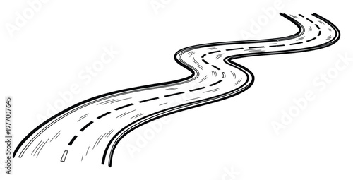 Winding road with dashed lines symbolizing journey progress and directional guidance, perfect for transportation, travel, or navigational graphics and adventure concepts.