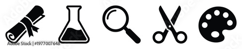 Academic and creative icons featuring a diploma, lab flask, magnifying glass, scissors, and paint palette, useful for education, science, and hobbyrelated projects and presentations.