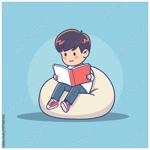 Boy sitting on bean bag reading 3.