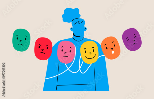 Woman hiding real feelings. Mental health and psychological problems. Colorful vector illustration