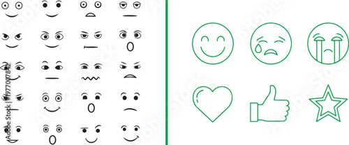 A collection of minimalist vector emoticons and reaction icons. Features a grid of diverse black facial expressions alongside green line-art emojis, a heart, a thumbs-up, and a star.