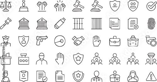 Legal and Security Icons Featuring Contracts Protection and Investigation