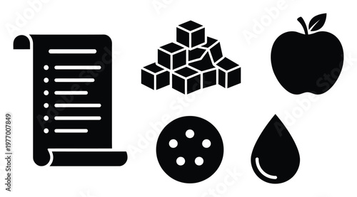 Collection of health and nutrition related symbols featuring a grocery list sugar cubes an apple a cookie and a liquid drop for diet planning and lifestyle content