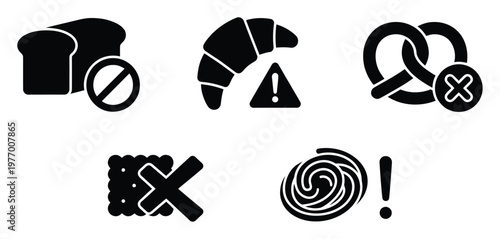 Black and white icons representing various baked goods with dietary restriction symbols and allergy warning signs for gluten intolerance or food sensitivity applications