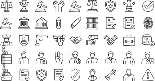 Law Firm and Judicial Icons with Court Symbols and Legal Documents