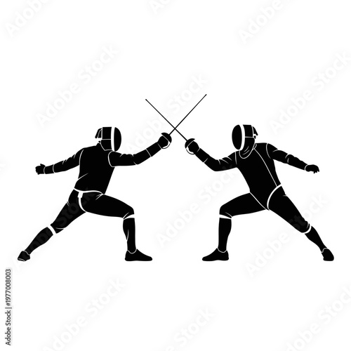 Two Fencers Silhouetted, Crossed Swords, Duel, Sport Competition, White Background