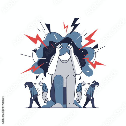 Woman suffering from stress and anxiety, surrounded by negative energy and a sense of isolation.