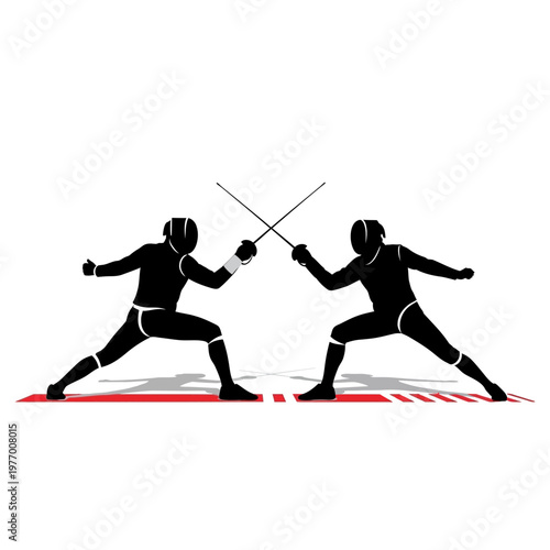 Two Fencers Silhouetted, Facing Off with Swords Crossed, Dynamic Stance, Sport Competition