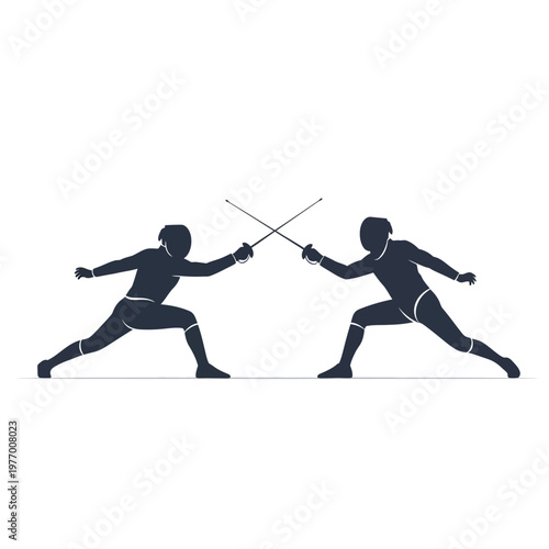 Two Fencers Silhouettes Clashing Swords in Duel on White Background