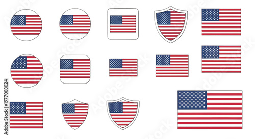 American flag icons, USA flags, patriotic symbols, vector graphics