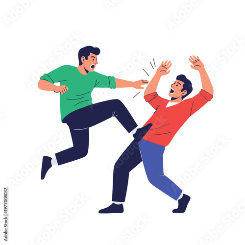 Aggressive man kicking another man in the leg, fight, conflict, violence, argument, danger