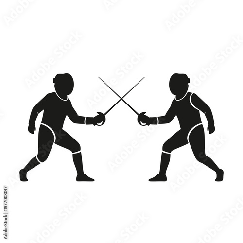 Two Fencers Silhouettes Fighting with Swords on White Background