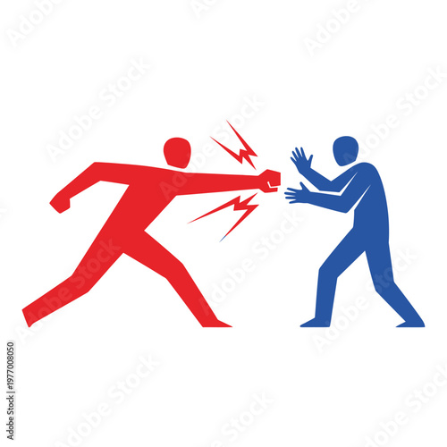 Aggressive Red Man Fighting Defensive Blue Person Icon Illustration