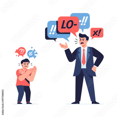 Angry Boss Yelling at Scared Employee with Speech Bubbles, Conflict Illustration