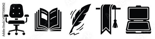 Modern black glyph icons symbolizing education, intellect, and professional development including a desk chair, open book, feather pen, academic stole, and laptop, useful for diverse