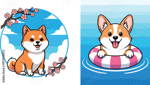 Cute Shiba Inu Dog Cartoon Illustration Set with Japanese Sakura Scene and Swimming Pool Float Design for Pet Lover Artwork