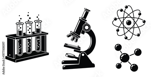 Science icons representing laboratory equipment, chemical reactions, atomic structure, and molecular bonds, perfect for educational materials, scientific presentations, or technology